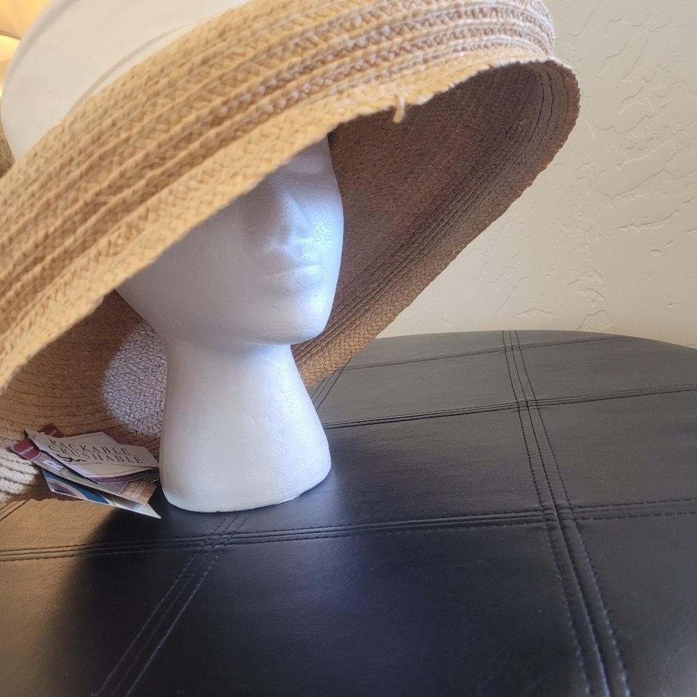 Scala Women's Natural Bell Brim Woven Sun Hat with White Canvas and Bow NEW - Picture 15 of 15